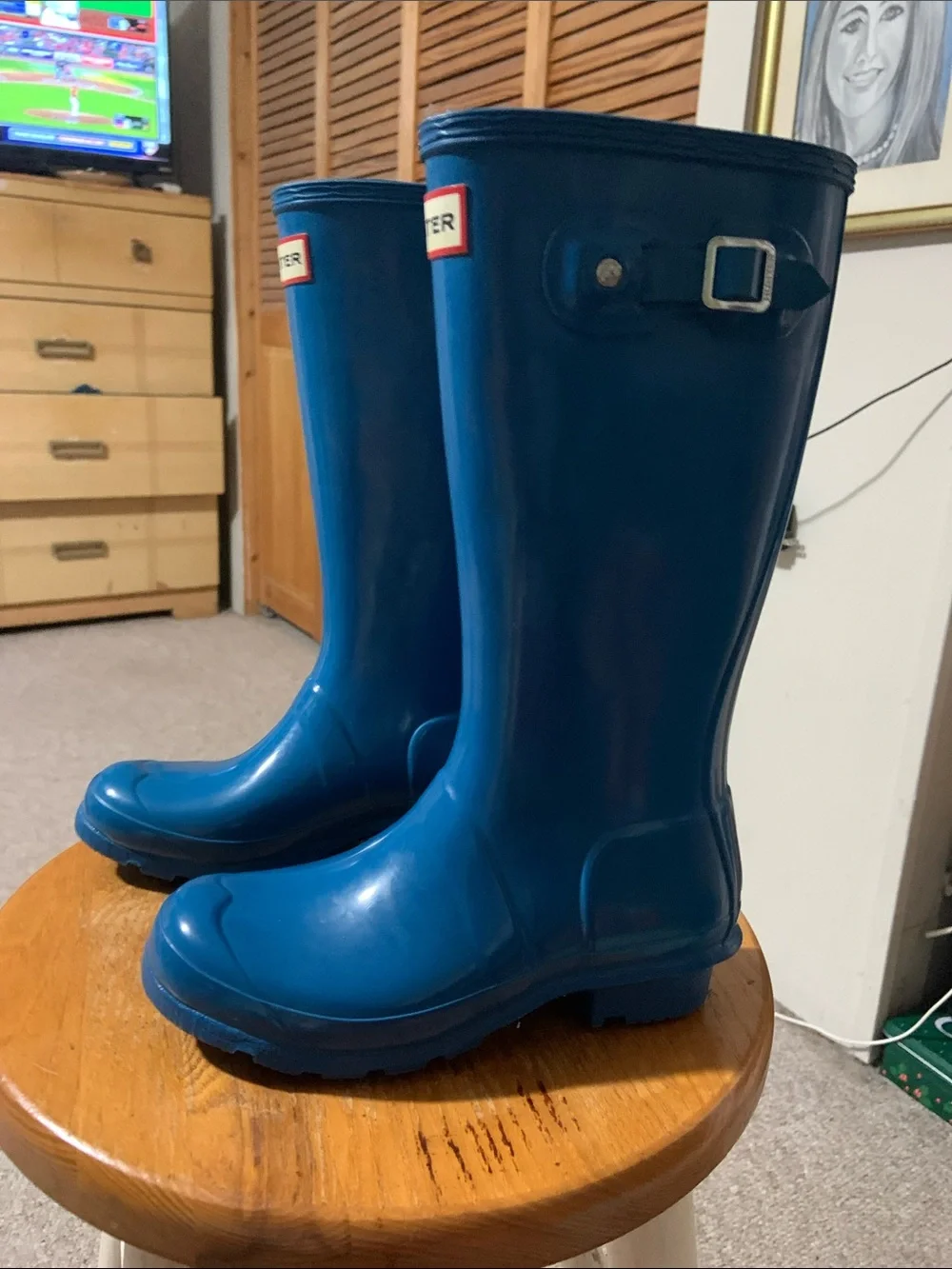 Hunter Glossy Teal Rain Boots child size US 1 boy or girl wellies